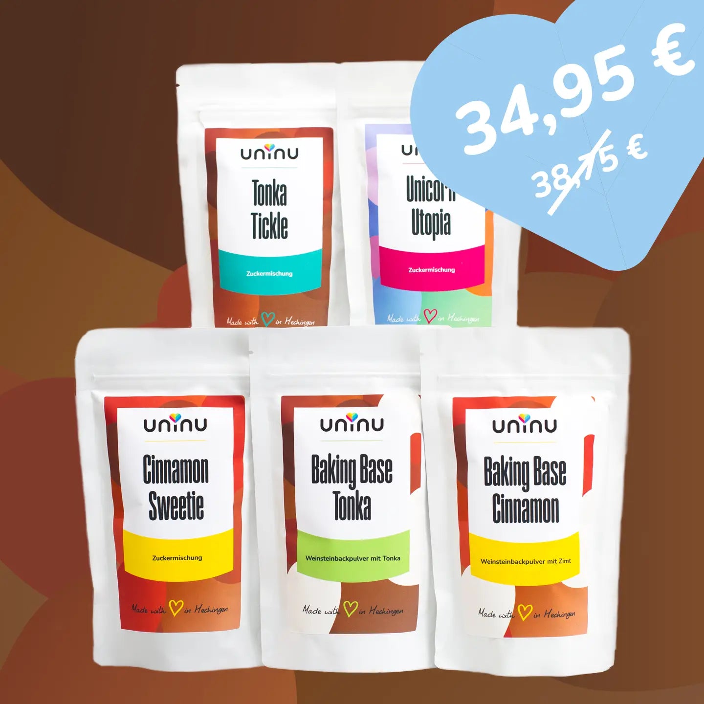 uninu - Sweet Sensations Set - Backzutaten:
Mach dich bereit für unser süßes Abenteuer-Set! Egal ob Kuchen, Cookies oder dein morgendlicher Latte – hier findest du alles, was Herz (und Gaumen) begehrt.