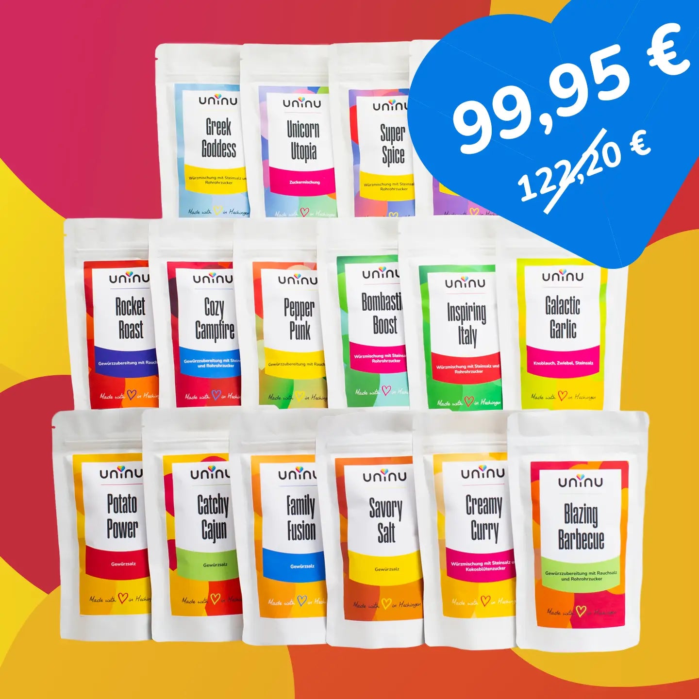 uninu - Universe Bundle - Gewürze:
Die komplette Auswahl unserer herzhaften Gewürzmischungen und Gewürzsalze. Zum Verfeinern von Gemüse, Pasta, Fleisch oder Ofengerichten. Jetzt bestellen!