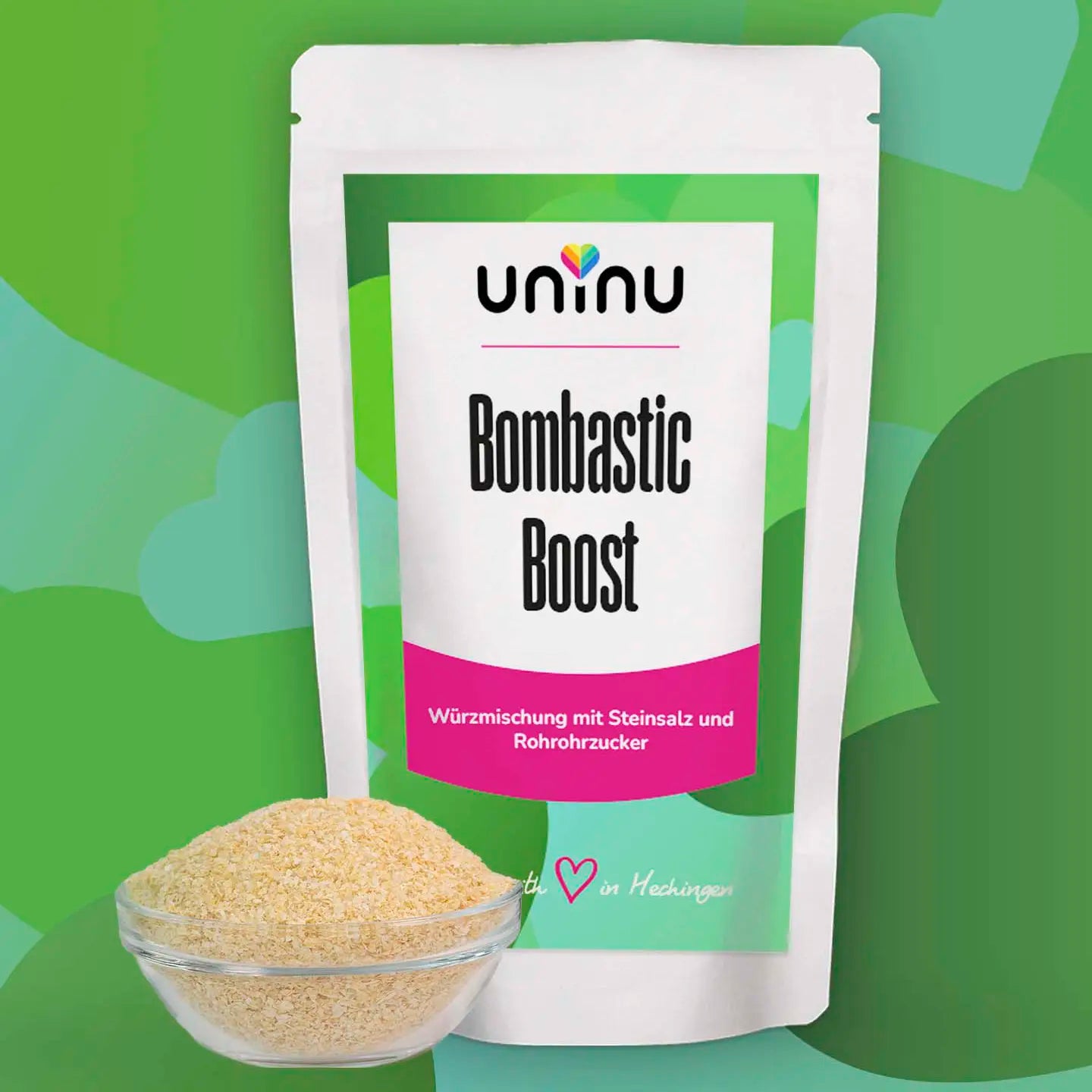uninu - Bombastic Boost - Gewuerzsalz:
Für den richtigen Geschmacks-Boost. Dezent, rund, mit einer lieblichen Würze, die Tiefe gibt. Perfekt für Linsen, Gemüse, Marinaden, Salate, Spätzle u.v.m.