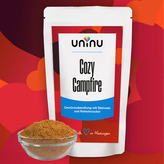 uninu - Cozy Campfire - Gewuerzsalz:
BBQ-Geschmack, ganz ohne Smoker. Mit Paprika, Kreuzkümmel, Rauchsalz, Knoblauch & Urmeer-Steinsalz – perfekt für Spareribs, Pulled Pork oder marinierten Tofu.