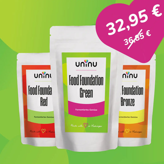 uninu - Food Foundation Bundle - Fermentiertes Gemüse:
Die schnelle Basis für mehr Geschmack! Fermentiertes Gemüse, natürliche Zutaten, ohne künstlichen Schnickschnack. Einfach anrösten, mitkochen oder marinieren.