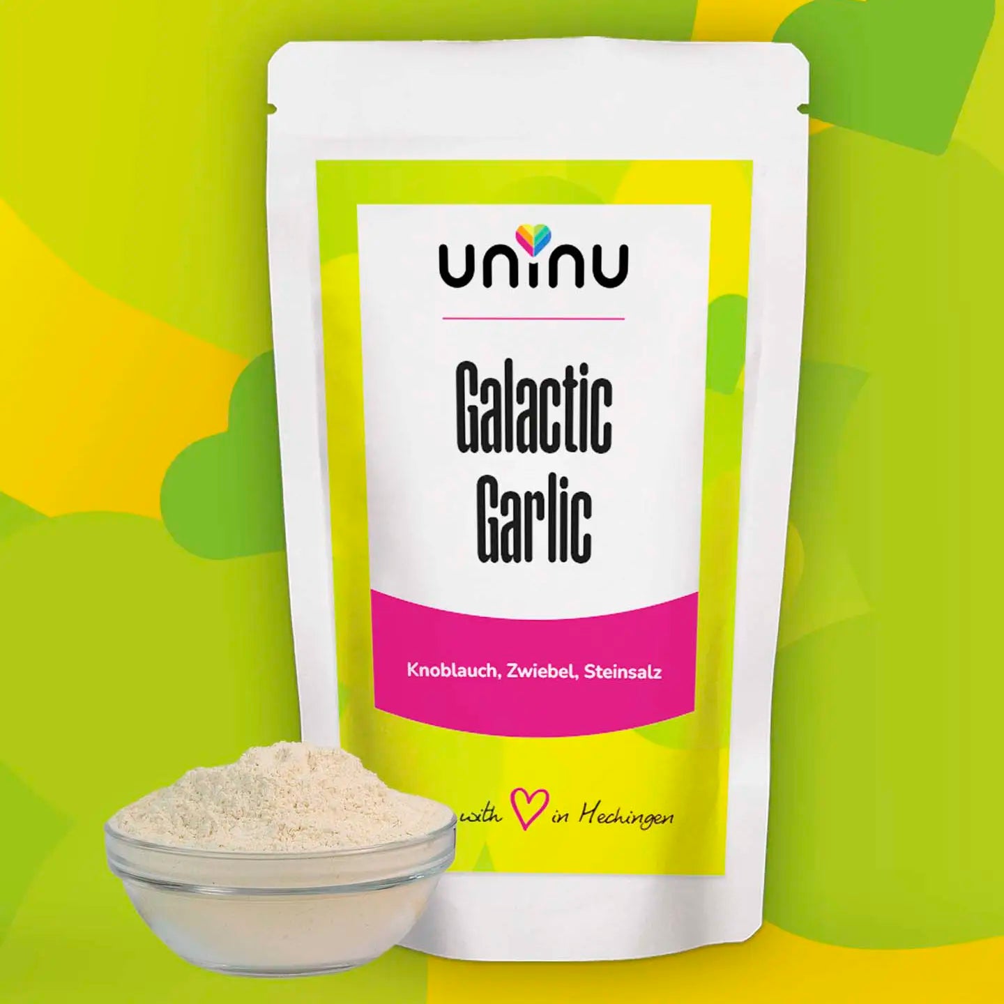 uninu - Galactic Garlic - Gewuerzsalz:
Unser Top-Seller: Zwiebel, Urmeer-Steinsalz und natürlich: Knoblauch. Viel davon. Ideal für Knoblauchbutter, Dips, Dressings, Mayonnaise oder deine Vampirjagd.
