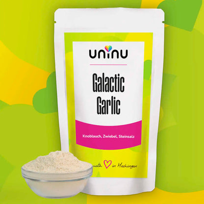 uninu - Galactic Garlic - Gewuerzsalz:
Unser Top-Seller: Zwiebel, Urmeer-Steinsalz und natürlich: Knoblauch. Viel davon. Ideal für Knoblauchbutter, Dips, Dressings, Mayonnaise oder deine Vampirjagd.
