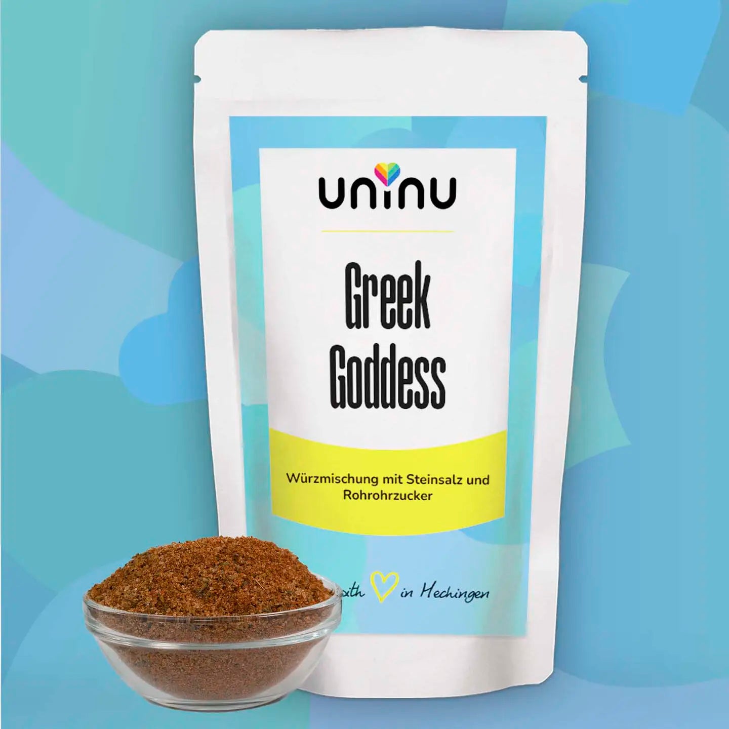 uninu - Greek Goddess - Gewuerzsalz:
Wie ein Abend auf Kreta! Mit Thymian, Oregano, Paprika, Knoblauch, Kreuzkümmel & Urmeer-Steinsalz. Perfekt für Souvlaki, Gyros, Gemista, Marinaden, Dips u.v.m.