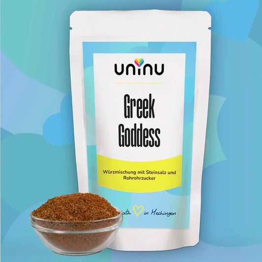 uninu - Greek Goddess - Gewuerzsalz:
Wie ein Abend auf Kreta! Mit Thymian, Oregano, Paprika, Knoblauch, Kreuzkümmel & Urmeer-Steinsalz. Perfekt für Souvlaki, Gyros, Gemista, Marinaden, Dips u.v.m.