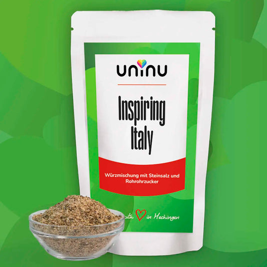 uninu - Inspiring_Italy - Gewuerzsalz: Sommer, Süden und sonnengetrocknete Kräuter direkt nach Hause. Oregano, Basilikum, Paprika, Zwiebeln - perfekt für Tomatensoßen, Hackbällchen, Dressings u.v.m.