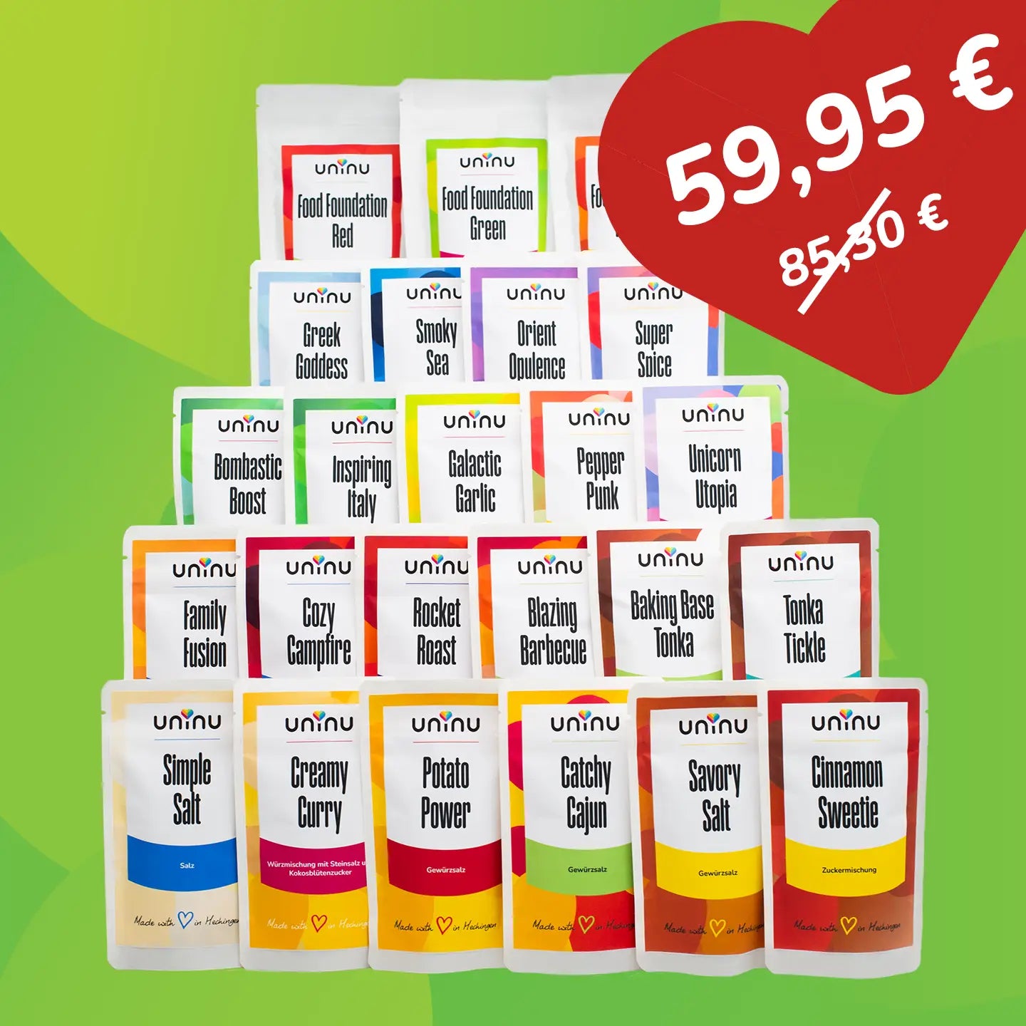 uninu Probierpaket:
Entdecke unsere Produktvielfalt in praktischen Probiergrößen. Nutze sie einzeln, in Kombination, zum Abstreuen oder in Marinaden & Dressings – Jetzt 30 % sparen