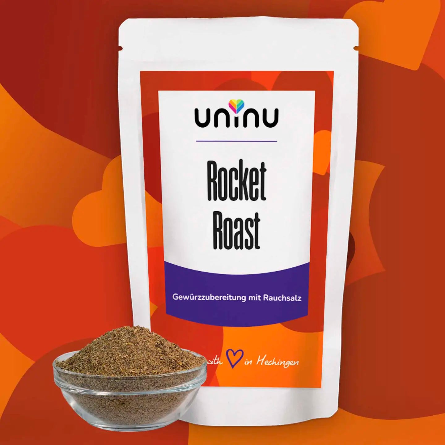 uninu - Rocket Roast - Gewuerzsalz:
Herzhaft, rauchig & richtig rund. Ideal für Sonntagsbraten, marinierten Tofu oder Nudelauflauf mit Röstaroma. Mit Paprika, Kümmel, Pfeffer, Senfsaat & Zwiebel.