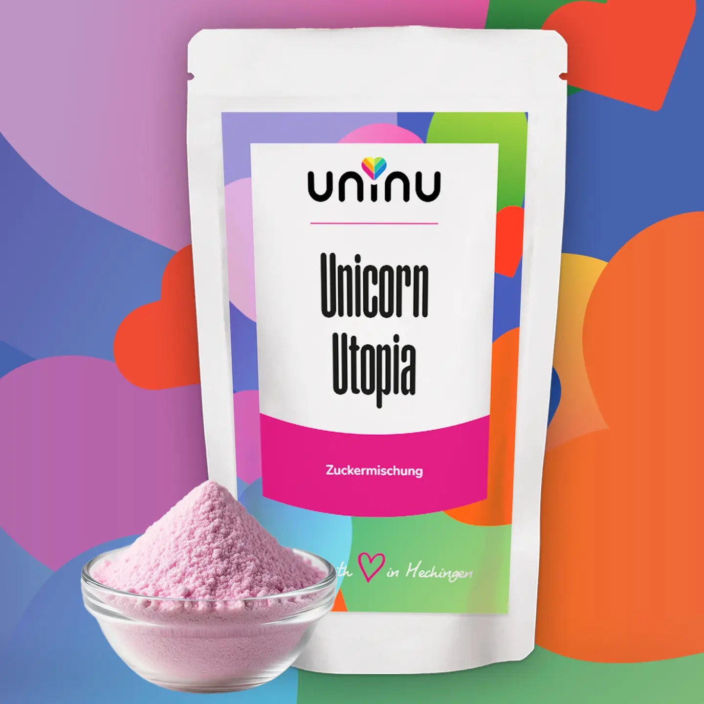 uninu - Unicorn Utopia - Zuckermischung:
Süß wie Einhornträume! Hibiskusblüten, Tonkabohne & Rohrohrzucker. Rosa Glitzer für Pancakes, Cupcakes, Waffeln, Joghurt aber auch Cocktails und Limonaden.