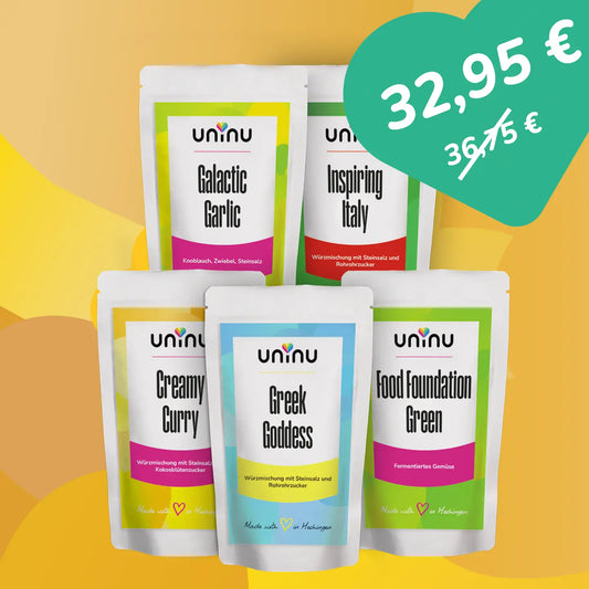 uninu - United Set - Gewürze:
Unsere 5 Favorites für deine Küche. Echte Allrounder - Ob schnelles Feierabendgericht, genussvolle Mittagspause, kreatives Sonntagskochen oder Mealpreping.