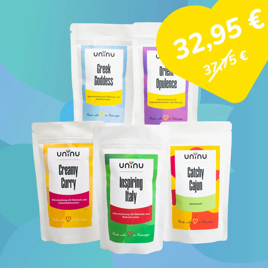 uninu - Wonderful World Collection - Gewürze:
Einmal um die Gewürzwelt – direkt aus deiner Küche! Dein Ticket zu neuen Geschmackswelten und endlosen Genussmomenten. Starte hier dein kulinarisches Abenteuer!